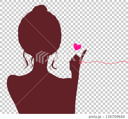 運命の赤い糸を結んだお団子頭の女性　シルエット 136709688
