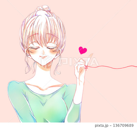 運命の赤い糸を結んだお団子頭の女性 136709689