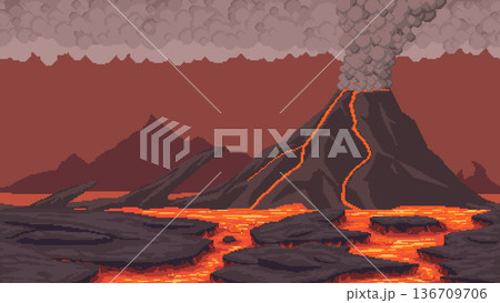 Pixel art volcanic lava landscape background 136709706
