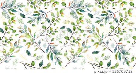 elegant floral seamless pattern with leaves watercolor ornament. hand drawing. Not AI Vector illustration. 136709712