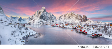 Outstanding panorama of Reine town. Outstanding panorama of Reine town. 136709724
