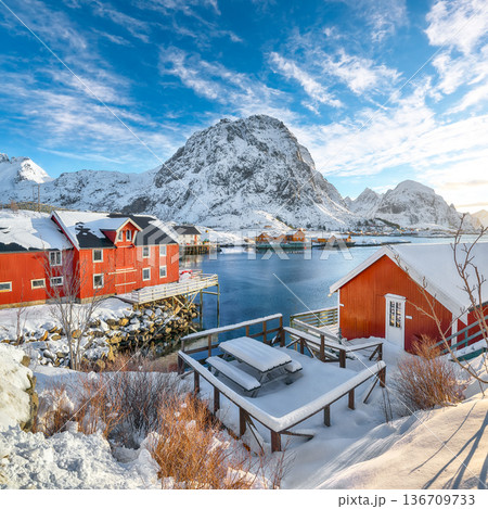 Captivating morning seascape of Norwegian sea and cityscape of Sorvagen town. Captivating morning seascape of Norwegian sea and cityscape of Sorvagen town. 136709733