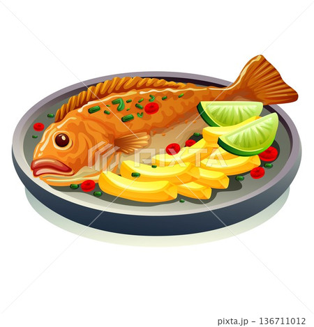 whole roasted fish and potato chips 136711012