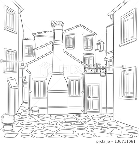 Black and White Vector Illustration Quiet Courtyard on Burano Island Italy Black and White Vector Illustration Quiet Courtyard on Burano Island Italy 136711061