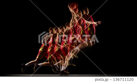 Basketball player midair throw stroboscopic motion effect. Basketball player midair throw stroboscopic motion effect. 136711120