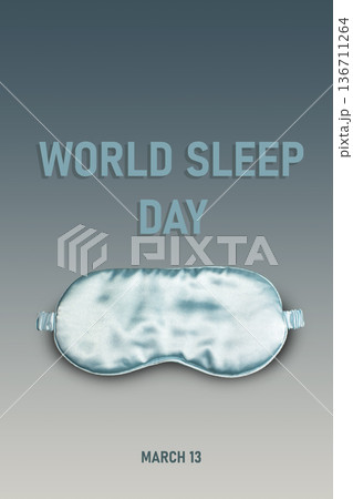 Flat lay composition on dark grey background for brochure about world sleeping day. Sleeping masks. 13 march. Vertical 136711264