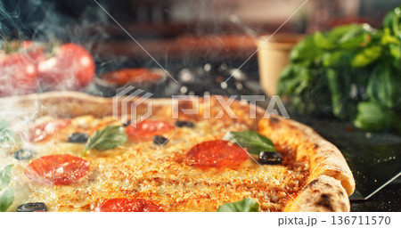 Closeup of a freshly baked pizza with melted cheese and golden crust in warm, appetizing light. Classic comfort food concept with rich texture and inviting presentation. Closeup of a freshly baked pizza with melted cheese and golden crust in warm, appetizing light. Classic comfort food concept with rich texture and inviting presentation. 136711570