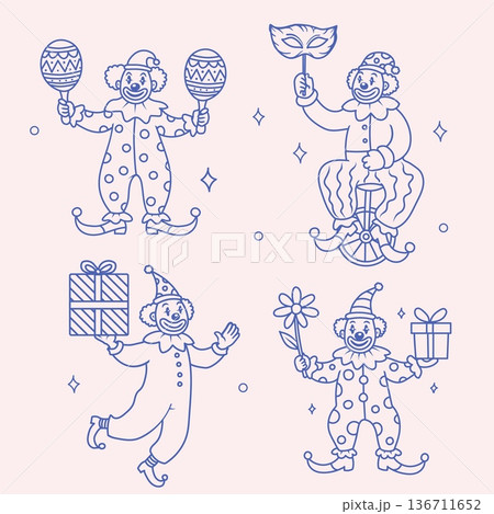 Clown in costumes hand drawn outline vector. 136711652