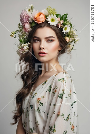 Young woman with long wavy hair in floral blouse and colorful flower crown, posing on light background, spring femininity, natural beauty, floral fashion. 136711701