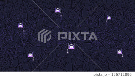 Pick up taxi. Gps map navigation to own house. Detailed view of city. Passenger location sharing for driver. City top view. Online navigation. Flat style, Vector, illustration isolated. 136711896