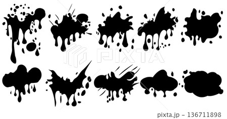 Abstract artistic ink splatter paint splatter, drops, dots, wet dye prints. Big set of black watercolor paint brush texture. Grunge water, spray drop spatter, blot splatters, silhouettes. Vector 136711898