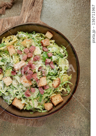 Brussels sprouts Caesar salad, with bacon and croutons, healthy food, homemade, no people, 136711967
