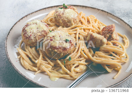 spaghetti with chicken meatballs, with cream sauce, and parmesan cheese, and decorated with microgreens, homemade, no people, spaghetti with chicken meatballs, with cream sauce, and parmesan cheese, and decorated with microgreens, homemade, no people, 136711968