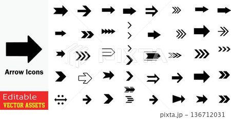 Collection of various black arrow icons on white background for navigation and direction purposes Collection of various black arrow icons on white background for navigation and direction purposes 136712031