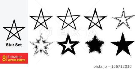 Collection of various black star shapes and designs on white background vector graphics for creative projects finishing with a unique star symbol Collection of various black star shapes and designs on white background vector graphics for creative projects finishing with a unique star symbol 136712036