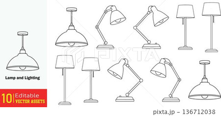Collection of various lamp designs and lighting fixtures in simple line art style isolated on transparent background finishing with a modern look Collection of various lamp designs and lighting fixtures in simple line art style isolated on transparent background finishing with a modern look 136712038