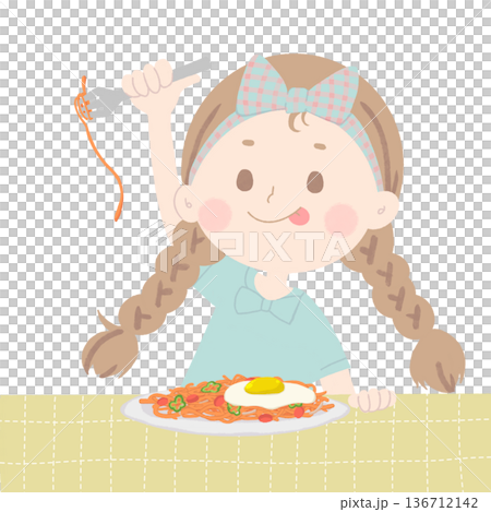 女孩吃義大利麵的插圖 女孩吃義大利麵的插圖 136712142