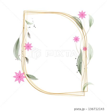 A beautiful decorative frame features golden, subtly curved lines. Pink watercolor flowers and soft green leaves adorn its border, highlighted by small dark speckles. 136712143