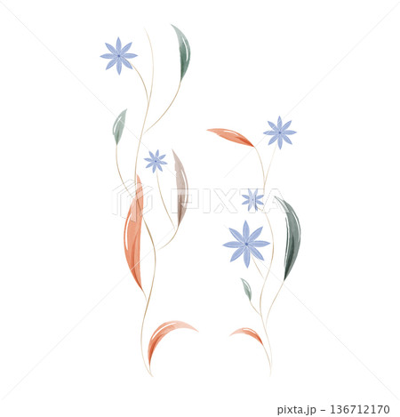 Flowing watercolor art shows two vertical plant designs. Each design has thin stems with small blue flowers and elongated leaves in green, brown, and orange. 136712170