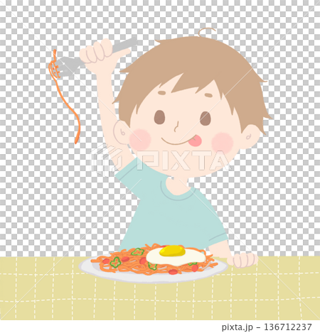 男孩吃義大利麵的插圖 男孩吃義大利麵的插圖 136712237