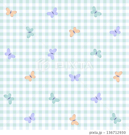 Seamless pattern with cute pastel butterflies on a mint gingham background. Seamless pattern with cute pastel butterflies on a mint gingham background. 136712930