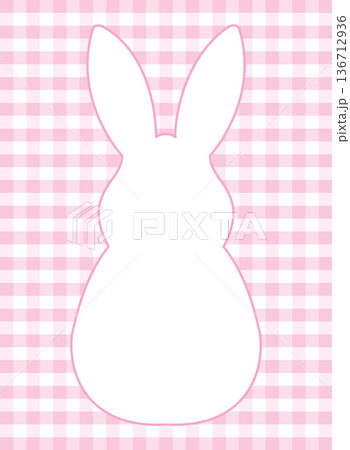Pink gingham card template with a white bunny-shaped frame. Vertical layout for Easter cards and invitations. Pink gingham card template with a white bunny-shaped frame. Vertical layout for Easter cards and invitations. 136712936