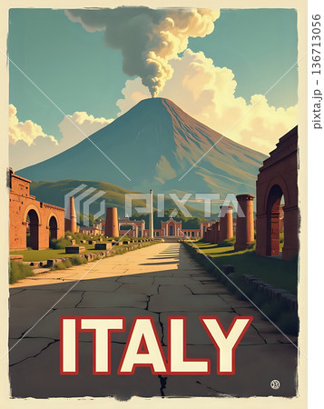 A volcano stands tall in the background with smoke coming from its peak. In the foreground are old ruins that show Italys rich history. The road leads through the scene to the volcano. 136713056