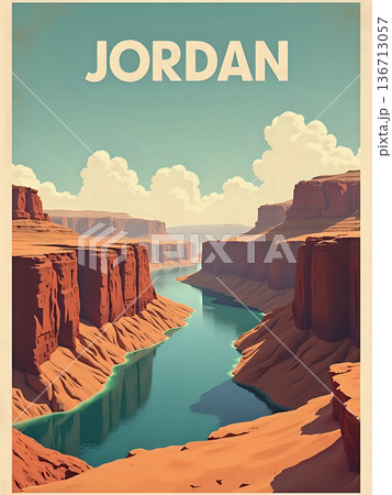 A river flows through a canyon in Jordan. Tall cliffs surround the water. The sky is bright and clear with clouds. The scene shows natures beauty in the landscape. 136713057
