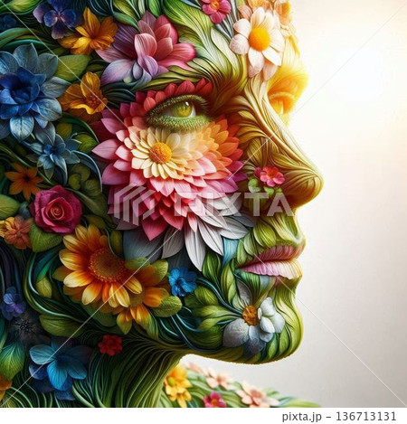 カラフルな花と緑で作った人間の顔[21] 136713131