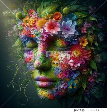 カラフルな花と緑で作った人間の顔[22] 136713132