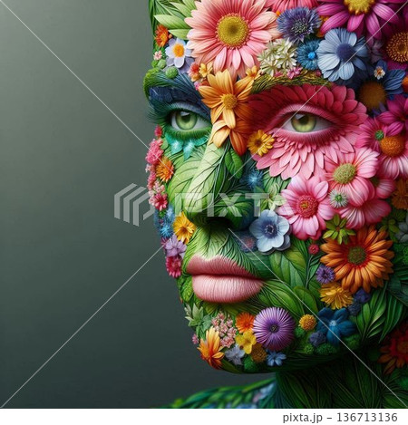 カラフルな花と緑で作った人間の顔[26] 136713136