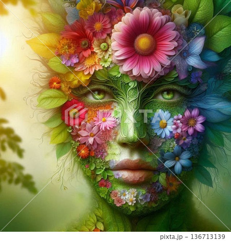 カラフルな花と緑で作った人間の顔[29] 136713139