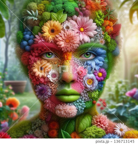 カラフルな花と緑で作った人間の顔[35] 136713145