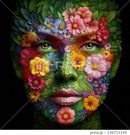 カラフルな花と緑で作った人間の顔[39] 136713149