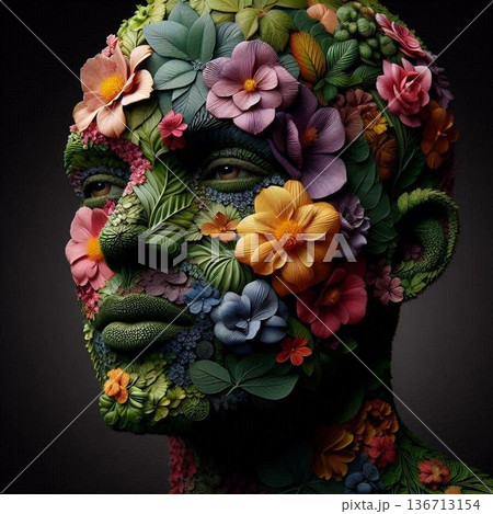 カラフルな花と緑で作った人間の顔[44] 136713154