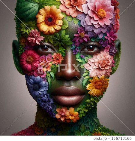 カラフルな花と緑で作った人間の顔[56] 136713166