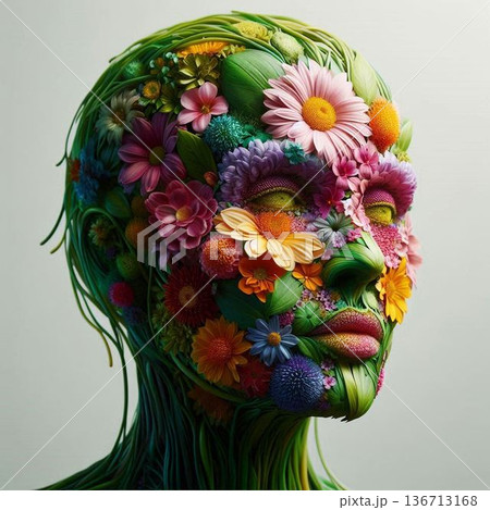 カラフルな花と緑で作った人間の顔[58] 136713168