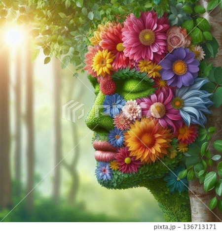 カラフルな花と緑で作った人間の顔[61] 136713171