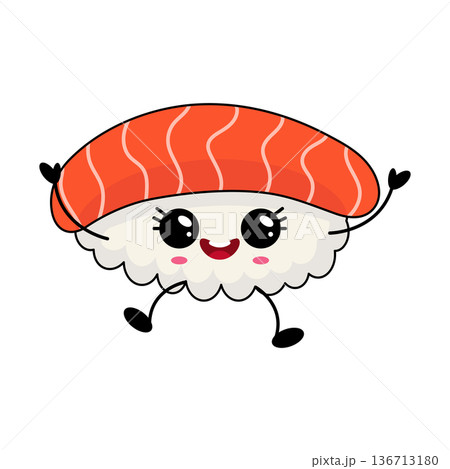 Salmon sushi mascot with bright expression and playful pose 136713180