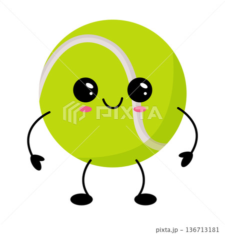 Cute tennis ball character showcasing friendly smile and playful waving pose suitable for children 136713181