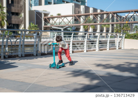 Child Enjoying Playtime On A Scooter In A Sunny Outdoor Setting 136713429