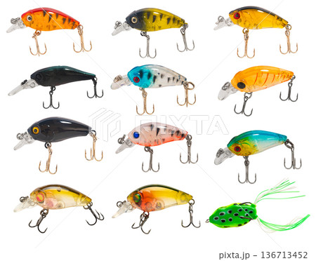 set of fishing tackle, wobblers on a white isolated set of fishing tackle, wobblers on a white isolated 136713452
