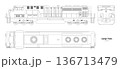 Isolated diesel cargo train. Outline drawing of locomotive. Linear blueprint. Railway delivery. Side, top and front railroad vehicle view 136713479