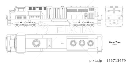 Isolated diesel cargo train. Outline drawing of locomotive. Linear blueprint. Railway delivery. Side, top and front railroad vehicle view Isolated diesel cargo train. Outline drawing of locomotive. Linear blueprint. Railway delivery. Side, top and front railroad vehicle view 136713479
