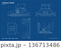 Asphalt paver outline drawing. Side, top and front views. Line industrial road machine. Urban building vehicle blueprint. Contour roadwork equipment 136713486
