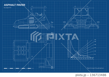 Asphalt paver outline drawing. Side, top and front views. Line industrial road machine. Urban building vehicle blueprint. Contour roadwork equipment 136713486