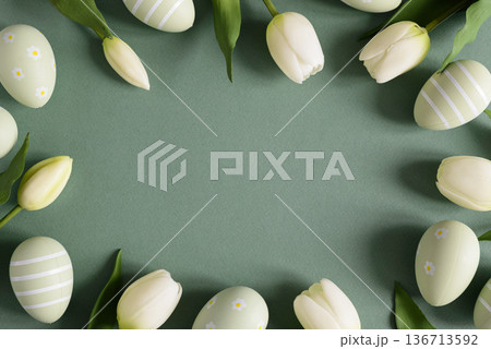 Easter Frame with White Tulips and Painted Eggs. Spring Holiday Border 136713592