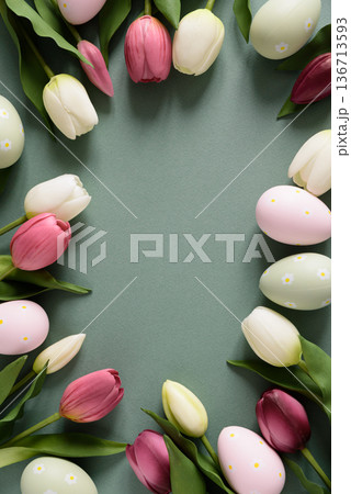 Easter Frame with White and Pink Tulips and Painted Eggs. Spring Holiday Border Easter Frame with White and Pink Tulips and Painted Eggs. Spring Holiday Border 136713593