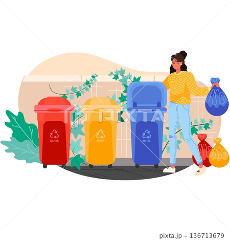 Woman sorting garbage into container vector icon Woman sorting garbage into container vector icon 136713679
