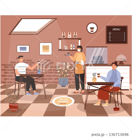 People in mask at restaurant during coronavirus 136713696